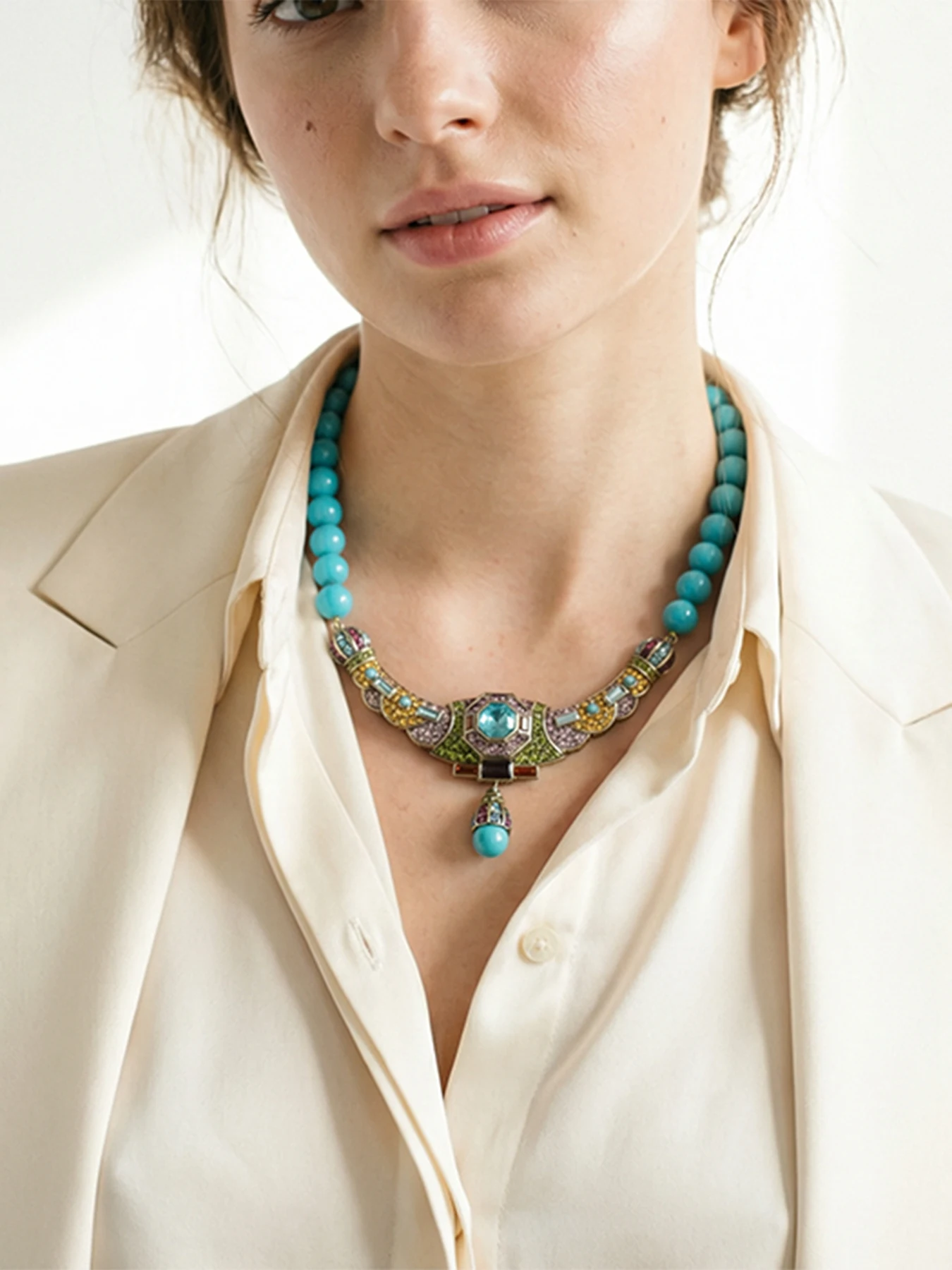 Vintage Art Deco Statement Necklace Turquoise Beads Multi Color Crystal Bib Necklace For Women