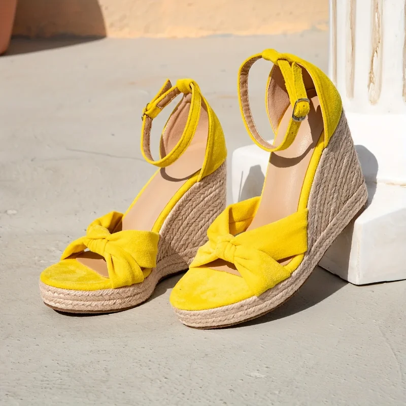 

Yellow Suede Wedge Sandals Woven Rope Thick Bottom Butterfly Knot Ankle Strap Women's Shoes Fashionable Holiday
