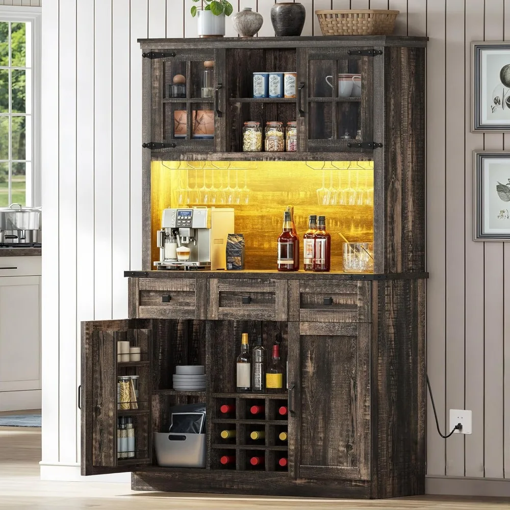 

Coffee Bar Cabinet With Power Outlet/lights, 72" Farmhouse Pantry Cabinet With Storage Shelves And 3 Drawers,