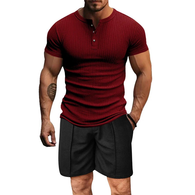 Amazon summer cross-border blockbuster T-shirt slim round neck solid color Henley short-sleeved shorts suit