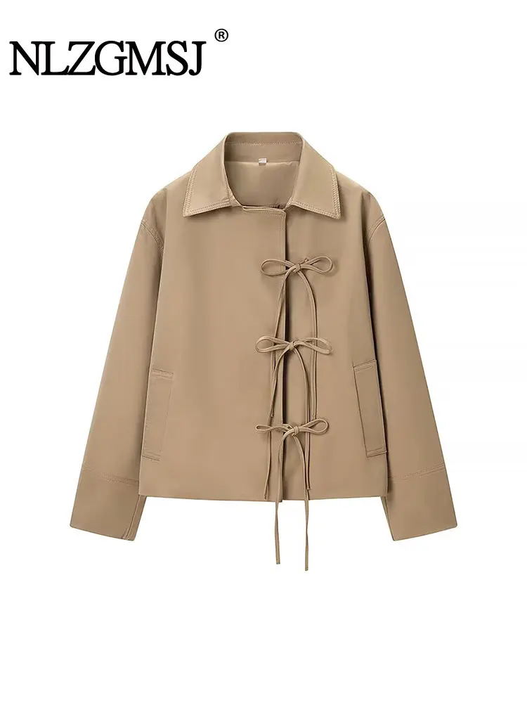 

NLZGMSJ Women Coat 2025 Autumn Long Sleeve Bow Loose Jacket Female Outwear Office Casual Overcoat Y2K