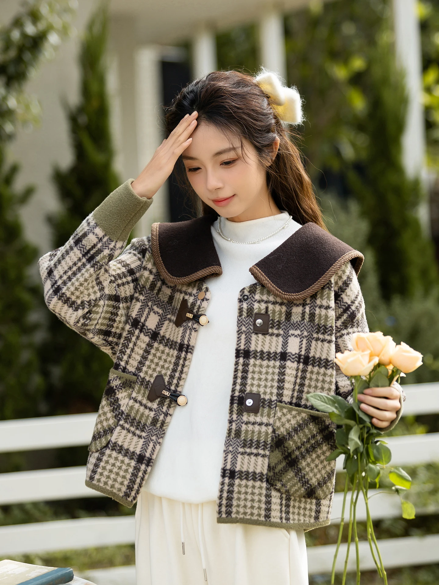 

Thiened Plaid Woolen Coat Women's Doll Collar Left Bank Retro Sle Spring Season ort Length Outerwear Casual Commute