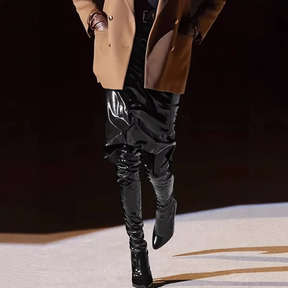 

Zip Stretch PVC Clubwear Streetwear New Custom Women High Waist Latex Misi Skirt Shiny Patent Leather Pencil Skirts