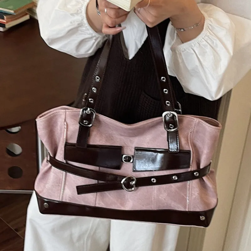 Fashion Sweet Pink Tote Bag Women Leather Large Capacity Shoulder Bag Ladies Retro Y2K Hot Girl Versatile Underarm Bag Chic 2026