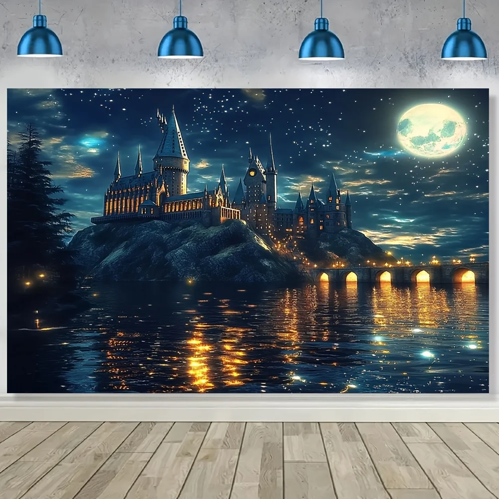 نسيج القلعة المسحور - مشهد ليلي سحري مع قمر وبحيرة لديكور المنزل والجمال الجمالي، مثالي لأي غرفة