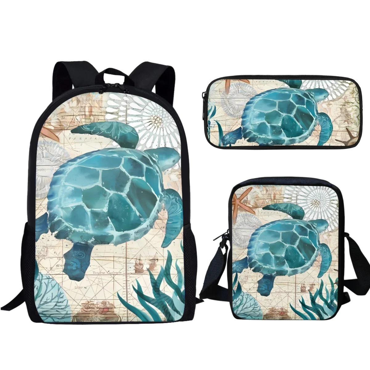 

Vintage Sea Turtle Printing Student SchoolBags Boys Girls Children Portable Fashion Backpack Lunch Bag Pencil Case Learning Tool