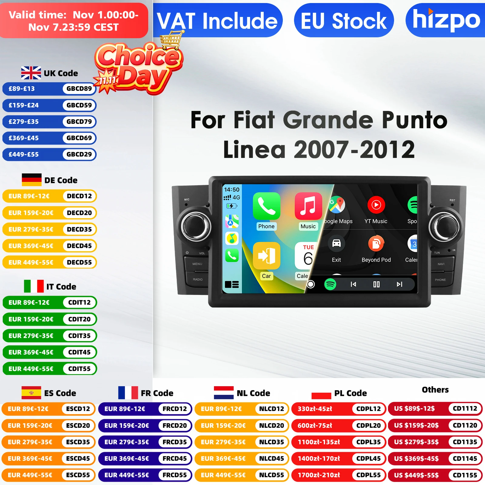 Hizpo 7 Inch 2 Din Android 14 Car Multimedia Player for Fiat Grande Punto Linea GPS Carplay 4G WIFI Intelligent Screen Autoradio