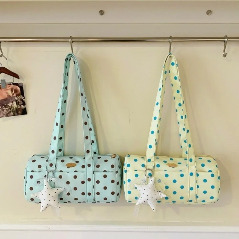 Cylinder Polka Dot Shoulder Bag Zipper Closure With Star Pendant Underarm Bag Lace Strap Large Capacity Handbag Commuting