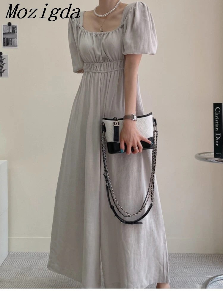 

Summer Puff Sleeve Cotton Pleated Jumpsuit Dress Women Elegant Short sleeve Midi Ladies Dresses Vestidos Robe Femme