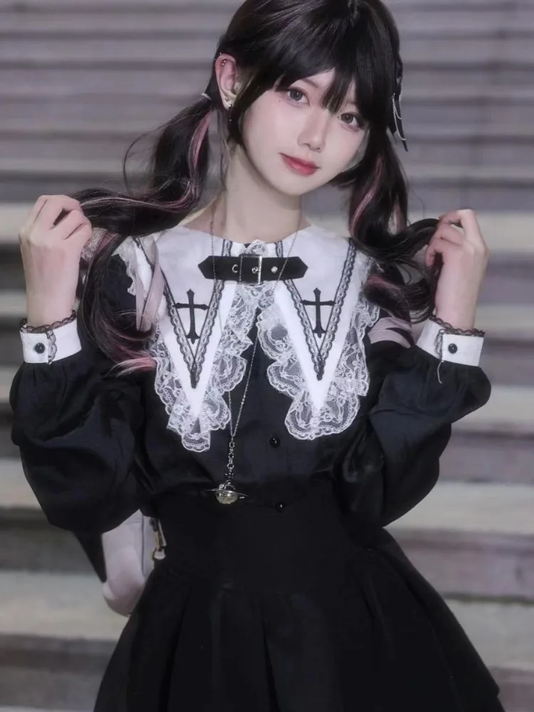 Y2k Aesthetic Blouse Women Japanese Kawaii Lace Patchwork Gothic Shirt Harajuku Cute Ladies Top 2024 Lolita Blusas Femme Camisas