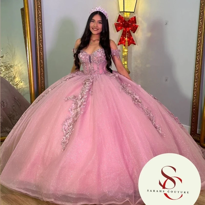 Pink Princess Shinning Crystal Corset Ball Gown Quinceanera Dresses Applique Lace Tull Princess Sweet 16 Dress vestidos de 15