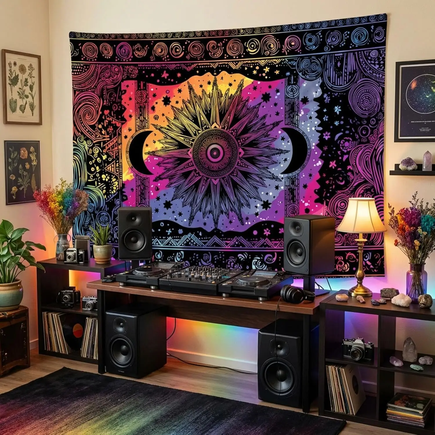 Bohemian Cosmic Tapestry Wall Hanging Boho Astrology Decor Psychedelic Art Sun Moon Stars Nebula Pattern for Living Room Bedroom