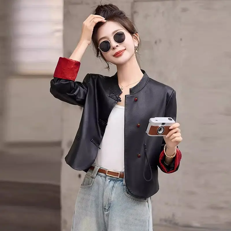 Big Size Retro Cropped Leather Jacket Women Single-breasted Long Sleeve PU Leather Coat Waterproof Windbreaker Short Tops Black