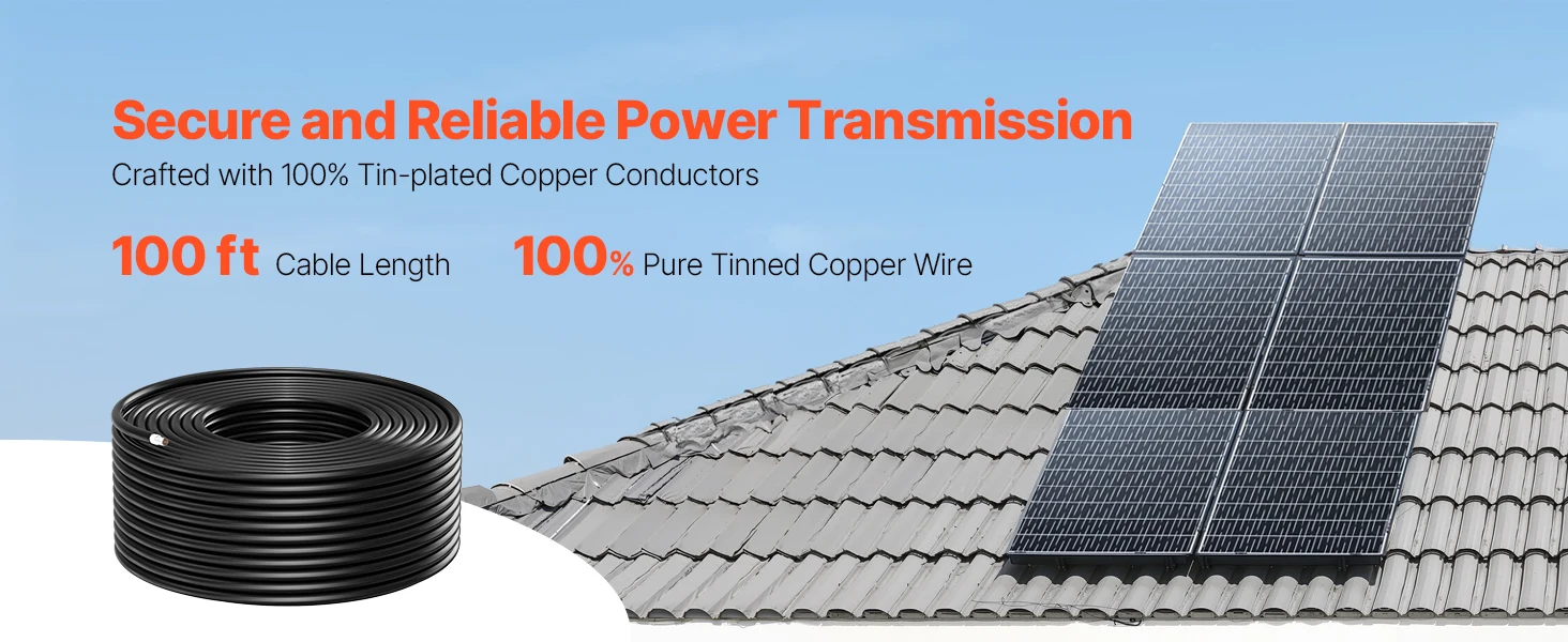 SucceBuy 100FT Solar Panel Extension Cable 10AWG 6mm² IP67 Waterproof Solar Extension Cable for Home Ship and RV Solar Panels