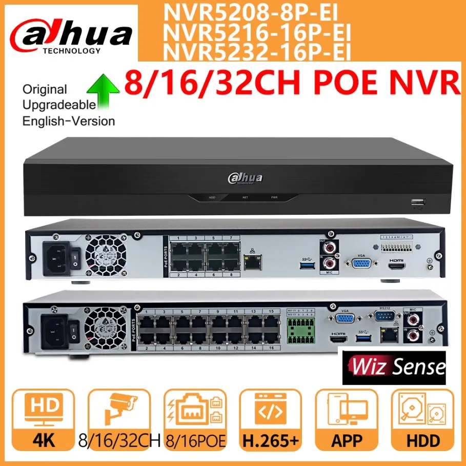 

Dahua NVR 8CH NVR5208-8P-EI 16CH NVR5216-16P-EI 32CH NVR5232-16P-EI 8PoE 16PoE 1U 2HDDs WizSense Network Video Recorder SMD Plus