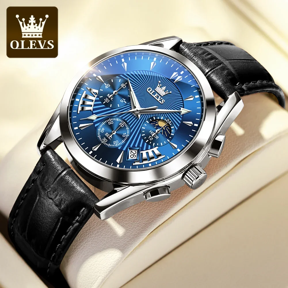 Imagem -04 - Olevs 2876 Multifuncional Relógio de Pulseira de Couro Genuíno para Homens Quartz Impermeável Esporte Homens Relógios de Pulso Luminous Moon Phase