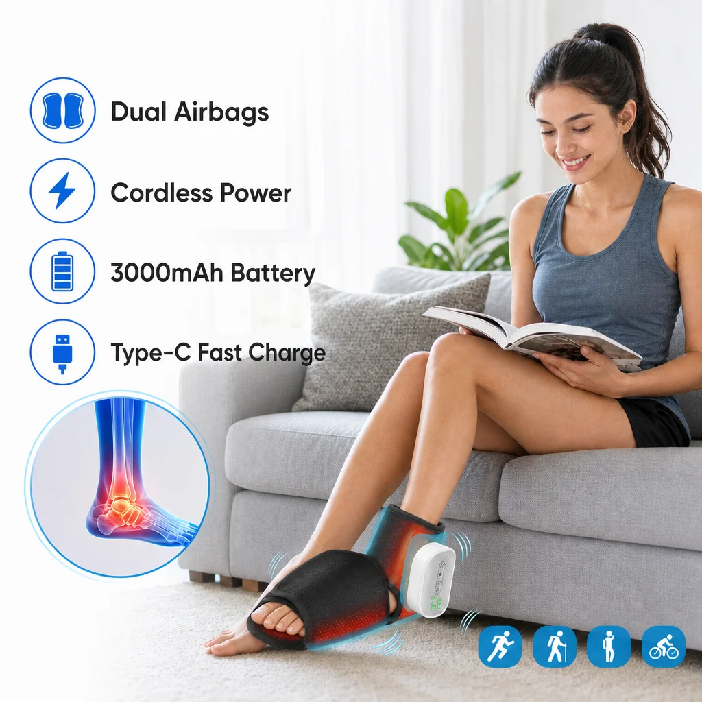 Foot and Ankle Massager with Dual Airbag Compression 3 Modes 4 Heat Levels Adjustable Intensity Cordless Rechargeable Electric Foot Massager for Tired Feet Soothing Relaxation Home Office Travel 3000mAh Battery Type C Fast Charging Lightweight Portable