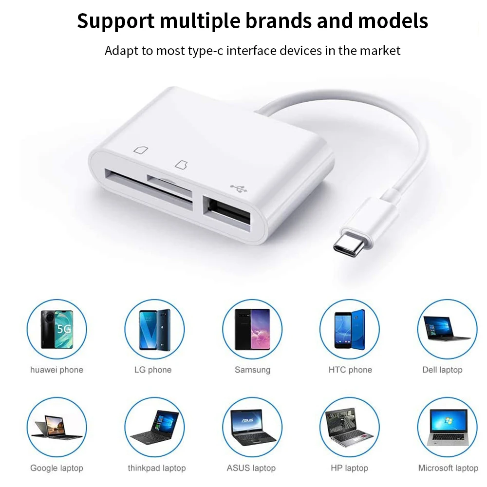 TISHRIC-USB Tipo C Leitor de Cartão, Memória Inteligente Flash Drive, Adaptador para Telefone, Laptop, Tipo-C Porta, 3 em 1, SD, TF
