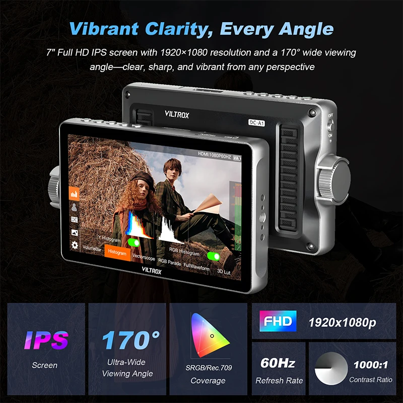 شاشة كاميرا Viltrox DC-A1 مقاس 7 بوصة 2800nit 4K للتصوير الفوتوغرافي وتسجيل الدخول وصناعة الأفلام وتلفزيون وشاشة تعمل باللمس وشاشة احترافية