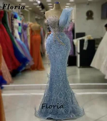 Blue Mermaid Evening Dresses Customized Beaded Crystals Celebrity Dress Feathers Special Occasion Dress Dubai Long Party Gowns