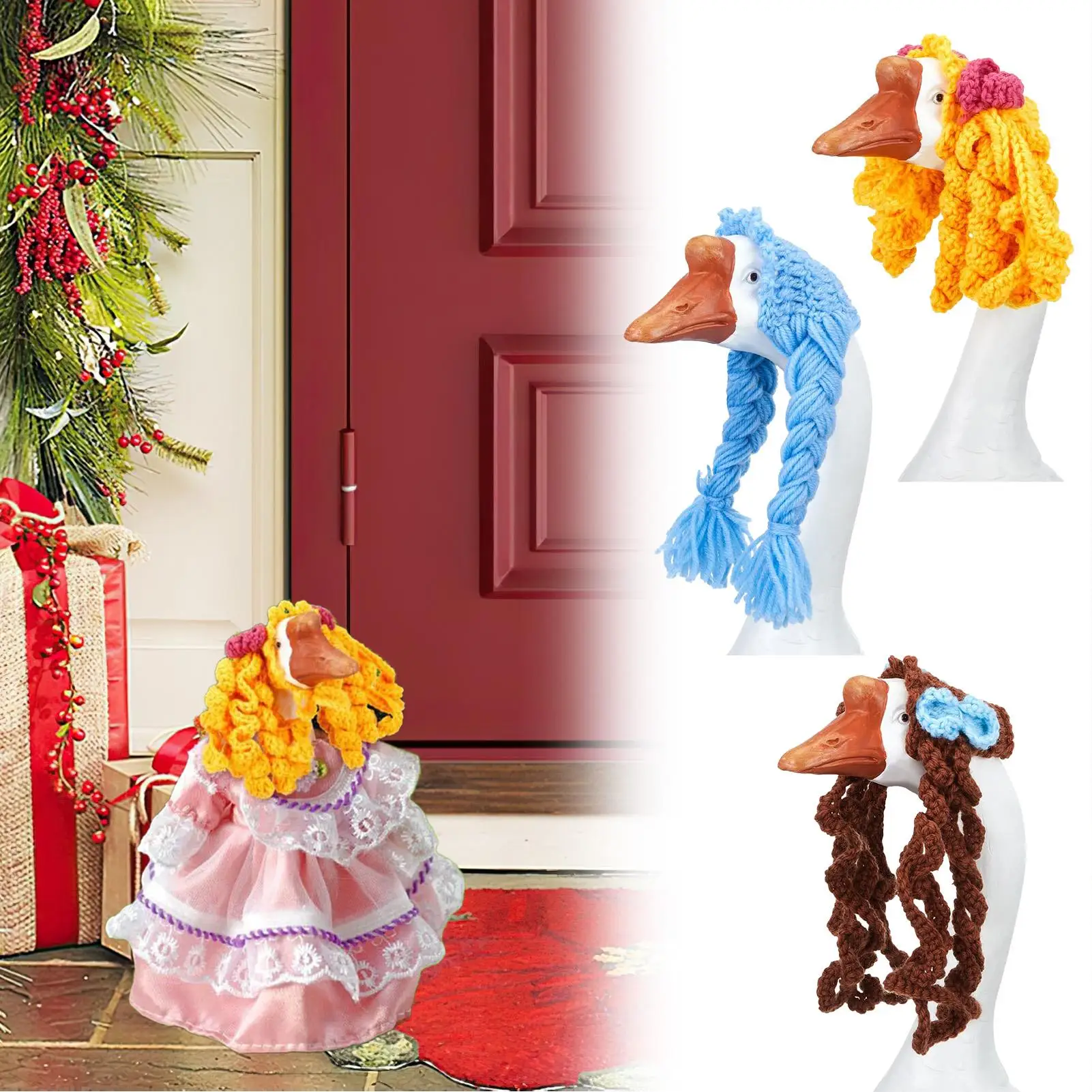 Porch Geese Wigs 3 Pieces Handmade Geese Wigs Animal Statue Braids Home Ornament for Birthday Garden Yard Holiday Poolside
