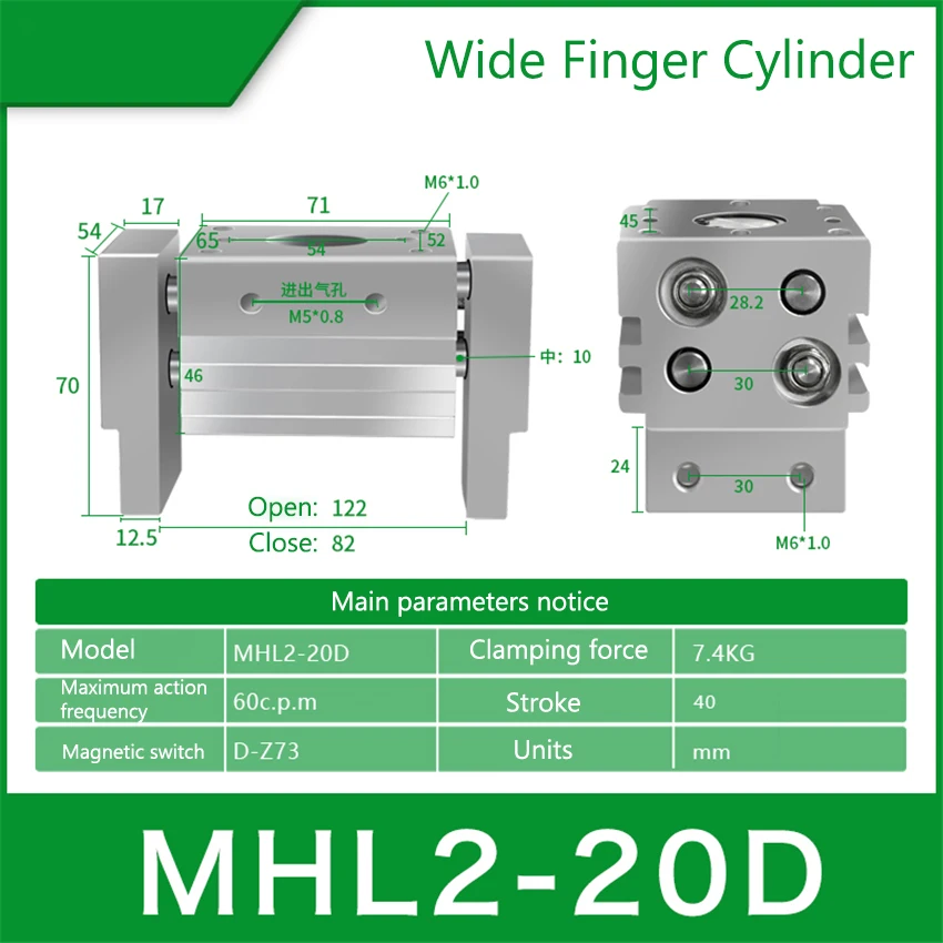 Cilindro Pneumático do Dedo Garra de Gás Cilindro de ar tipo Largo Prendedor de ar Curso Paralelo 40 mm D-z73 Interruptor Automático Mhl220d
