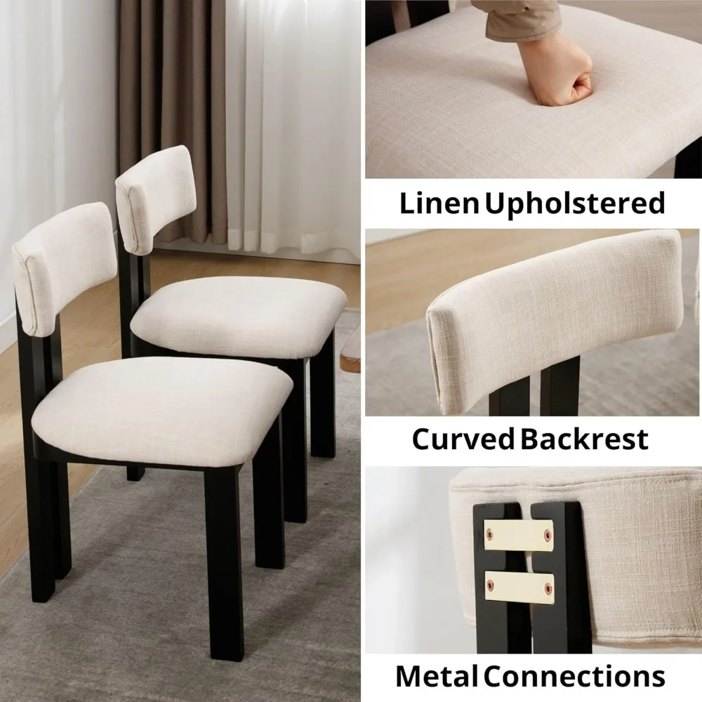 Dining Chairs Set of 4, Farmhouse Linen Upholstered Dining Chairs Curved Backrest Kitchen Chairs with Black Wood Legs, Beige