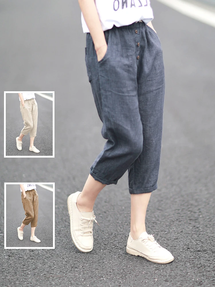 

Хлопковые льняные повседневные брюки с высокой талией на семь футов, большие размеры, женские однотонные утягивающие летние брюки Harlan для поездок на работу