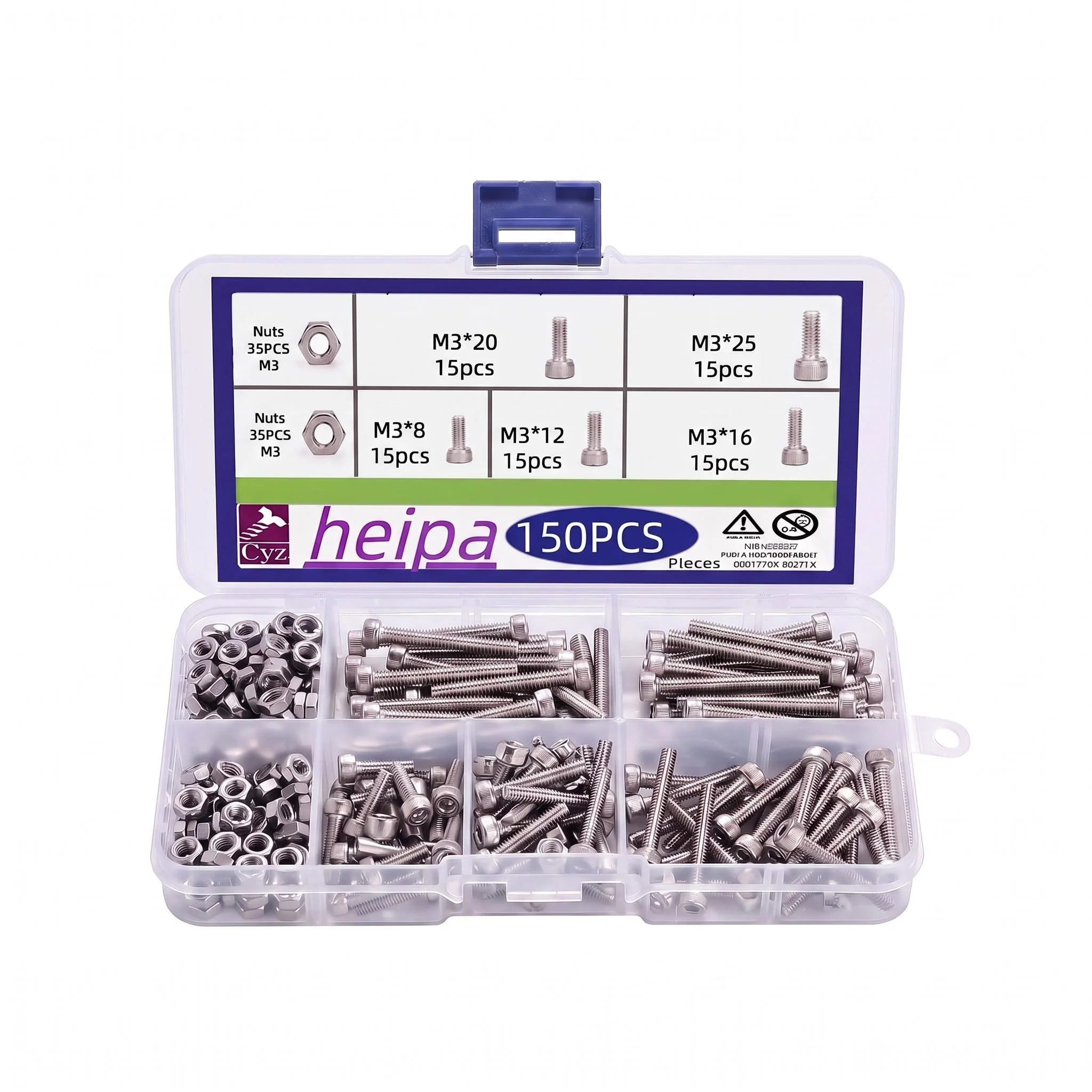 150 Stück M3 Innensechskantschrauben, Bolzen und Muttern, sortiertes Set, Größen von 8 mm bis 25 mm, 304 Edelstahl für Heimwerker- und Heimprojekte