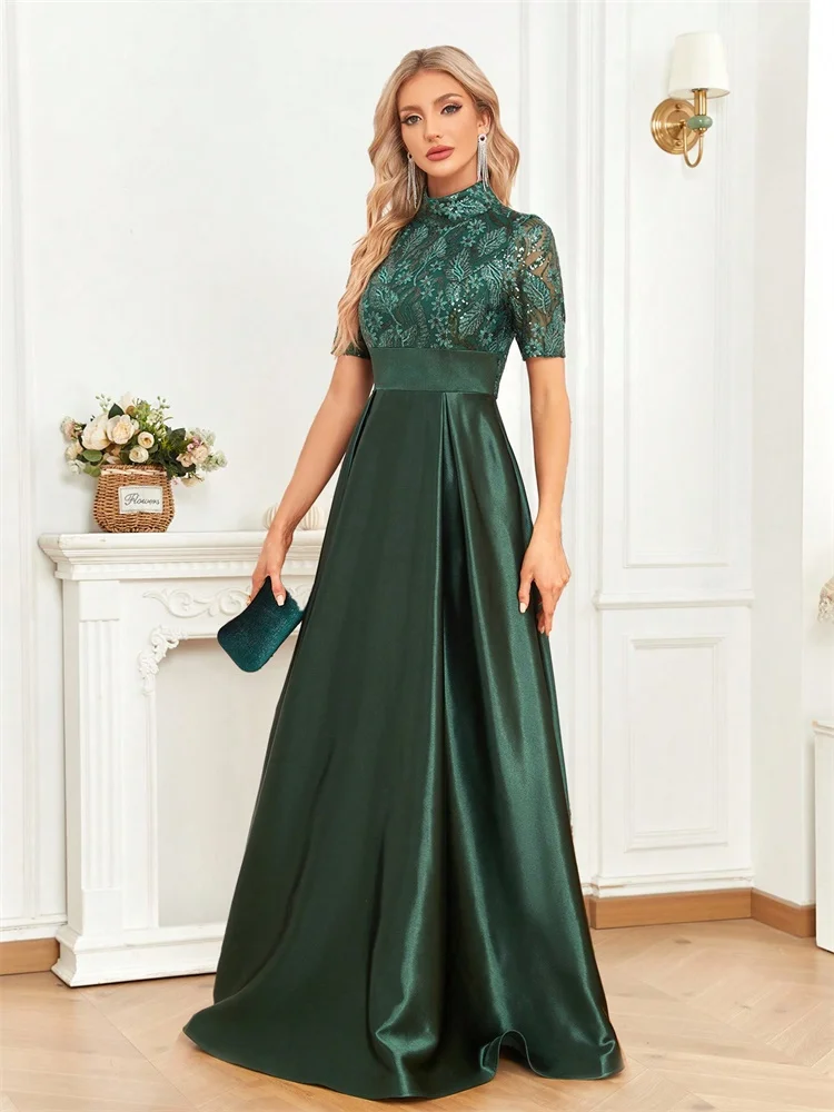 Elegante manga curta formal vestido de noite 2025 feminino o-pescoço cetim vestido de festa até o chão verde cocktail vestidos de formatura