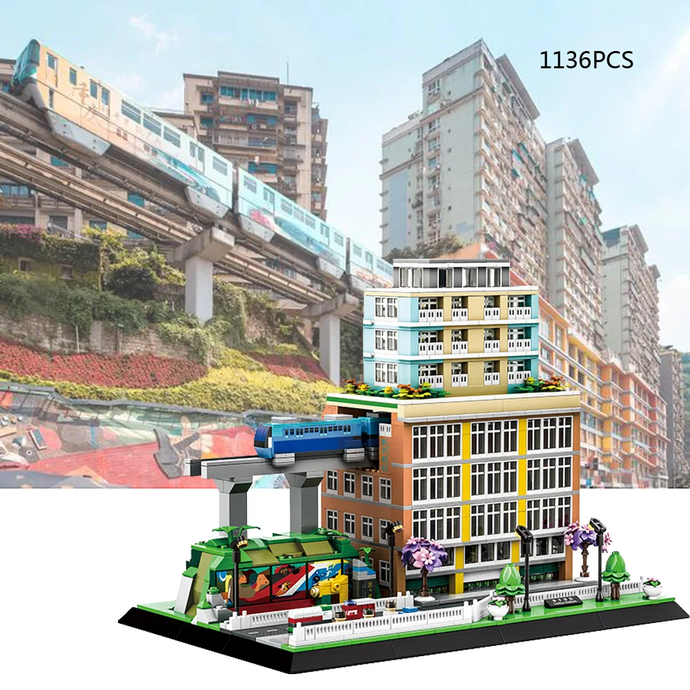 Créatif Chongqing ville rue vue Architecture modèle bloc chemin de fer chine LIZIBA Station construction brique jouets Collection