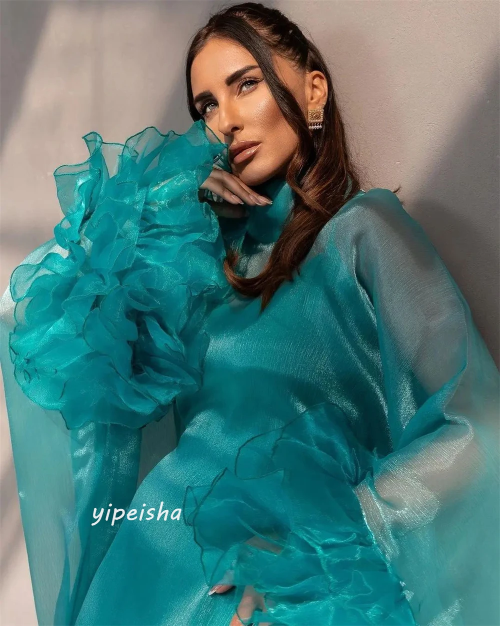 Organza Draped Pleat Ruched Christmas A-line High Collar Bespoke Occasion Gown Long Dresses Saudi Arabia Evening