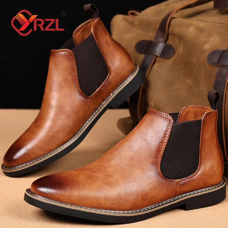 YRZL Shoes for Man Chelsea Boots Brand Retro Comfortable PU Leather Waterproof Ankle Boots Anti Slip Black Brown Shoes Mens Boot