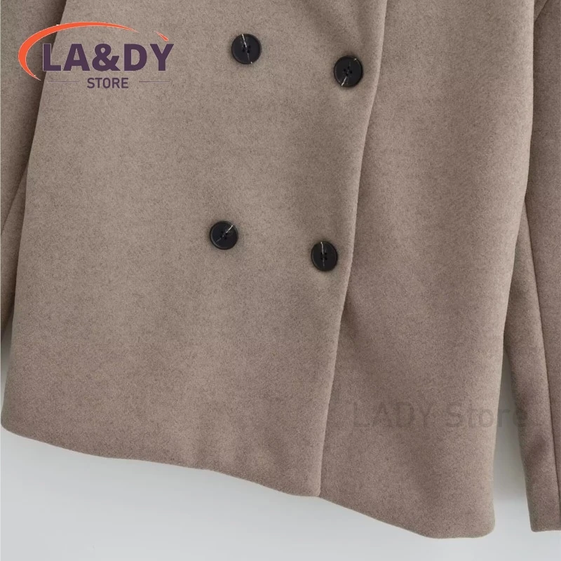 2024 Women Fashion Loose Stand Collar Double Breasted Woolen Coat Female Solid Color Casual Long Sleeve Outerwear