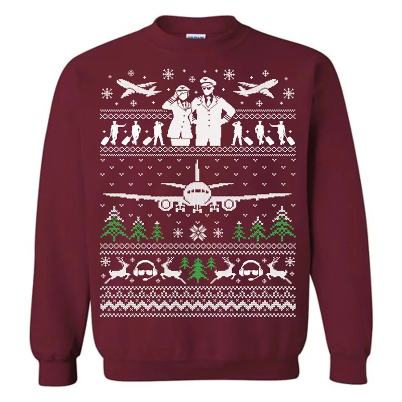 Fashion Pilot Ugly Christmas Sweater Trend Holiday Xmas 3D Airplane Printed Sweatshirt Casual Simple Pullovers Loose Tracksuit