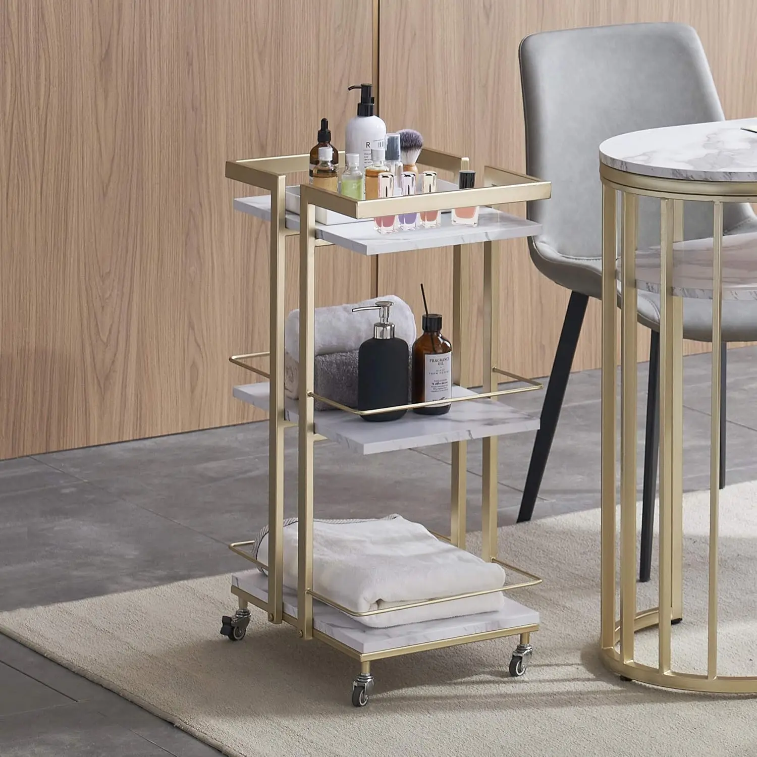 Utility Salon Trolley, metalen opbergwagen, rollende kapperswagen met wielen, gouden schoonheidsspecialiste winkelwagen