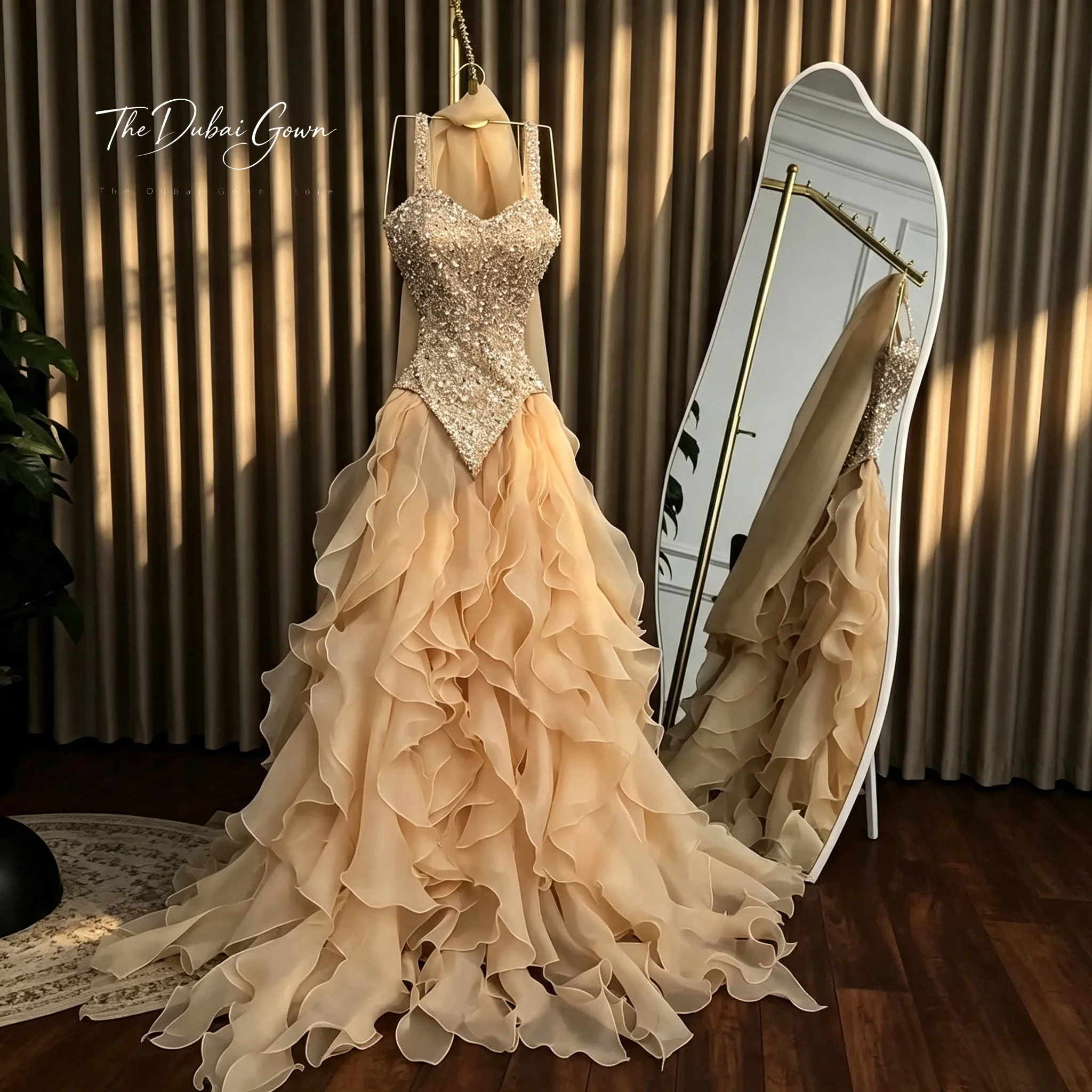 Luxury Trend Spaghetti Strap Ball Gown Tiered Ruffled Cape Sequin Beading Chiffon Floor Length Puffy Evening Prom Party Dress