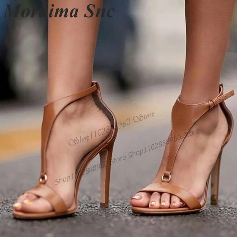 Brown Leather Graceful Style Sandals Cover Heel Thin High Heel Women Shoes Ankle Buckle Strap Open Toe 2023 Zapatos Para Mujere