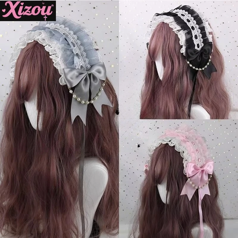 

Japanese Handmade Soft Girl White Lace Headgear Lolita Bow Pearl Sweet Versatile Kc Headband Doll Hair Accessories for Women