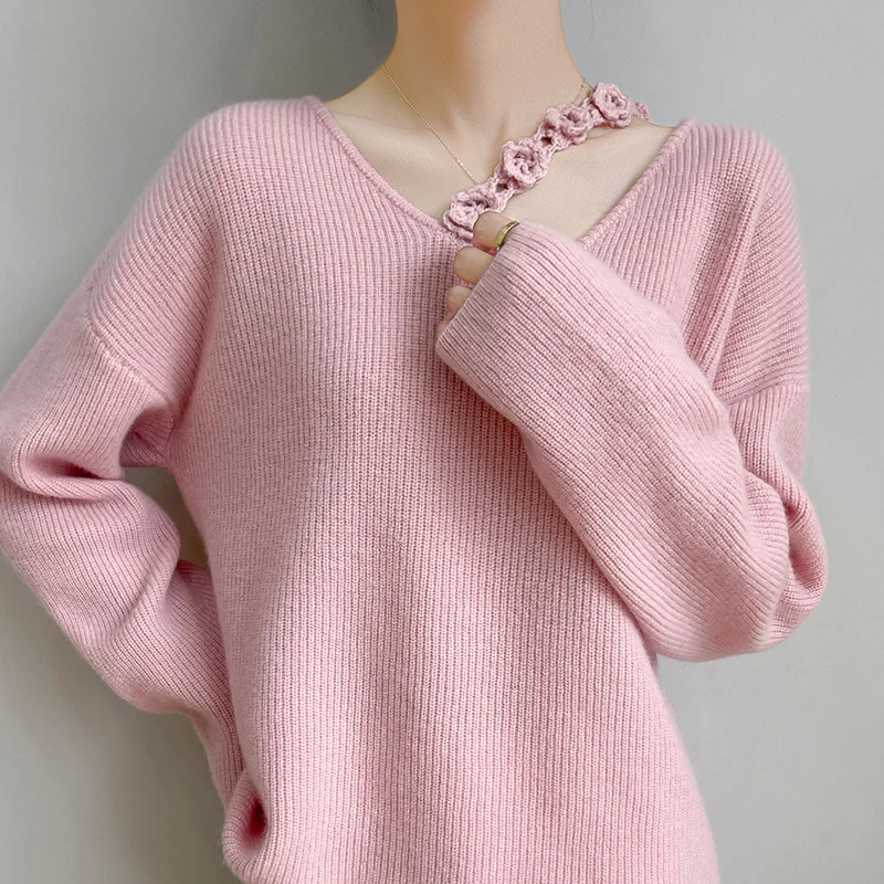 

100% Merino Wool Fashion O-Neck Long Sleeves 3D Flowers Sweater Pullover Soft Cashmere Basic Solid Color Casual Clothing Top