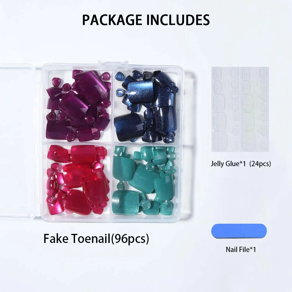 96 قطعة/صندوق (4 مختلط) أظافر صغيرة لأصابع القدم عيون القط اضغط على الأظافر أظافر صناعية قصيرة مثالية من الأكريليك، تتضمن: قطعة واحدة من غراء الجيلي و #6