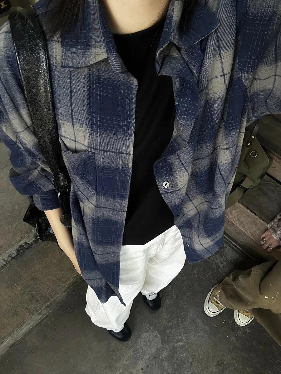 

Blue Grey Plaid Long Sleeve Men's Shirt Spring American Retro College Style Cool Couple Plaid Outerwear Shirt Casual