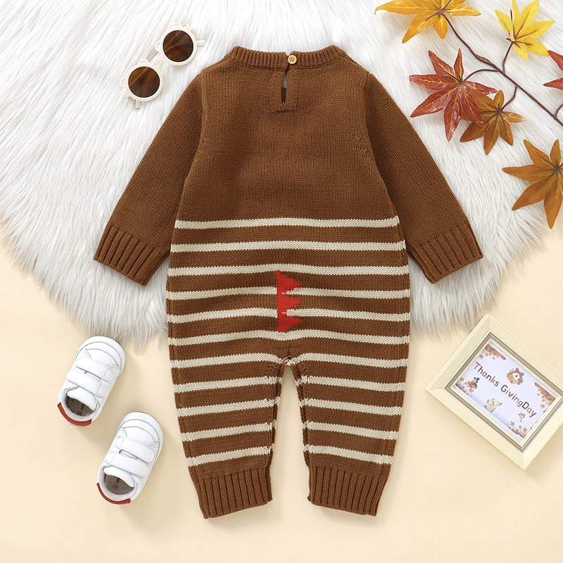 Baby Thanksgiving Sweater Romper Casual Turkey Stripe Print Long Sleeve Jumpsuit for Newborn Cute Clothes