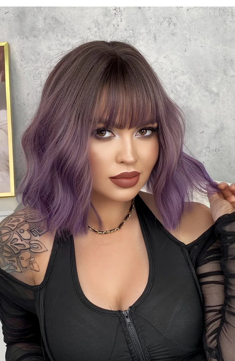 Purple Water Ripple Wig Pear Flower Short Curly Air Bangs Chemical Fiber Women Wig