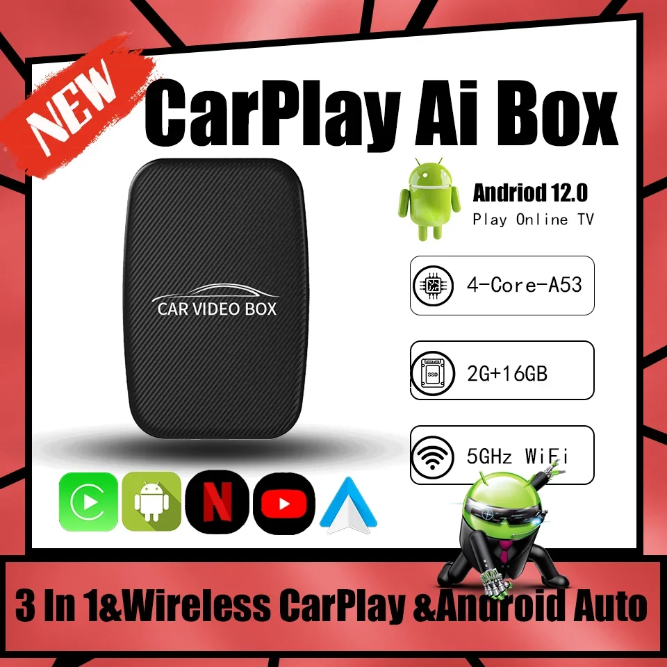 

CarPlay Ai Box Android 12 Led Wireless Android Auto & CarPlay 3IN1 Smart Tv Box Support Youtube Netflix Car Accessories