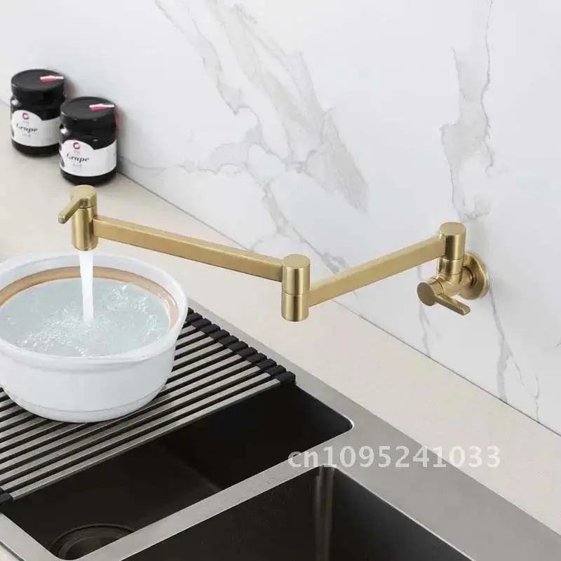 Mixer Kitchen Faucets Brushed Gold New Sink Brass Taps Wall Single Stretch Mounted Type & Handle Rotatable Cold Dual Foldable