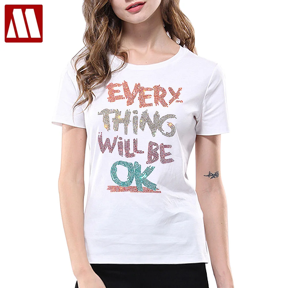 Summer Style Hot Drilling T-shirt Women Short Sleeve Jewelry Letter Printed Tshirt Lady Casual Cotton Tops Female Oversized Tees