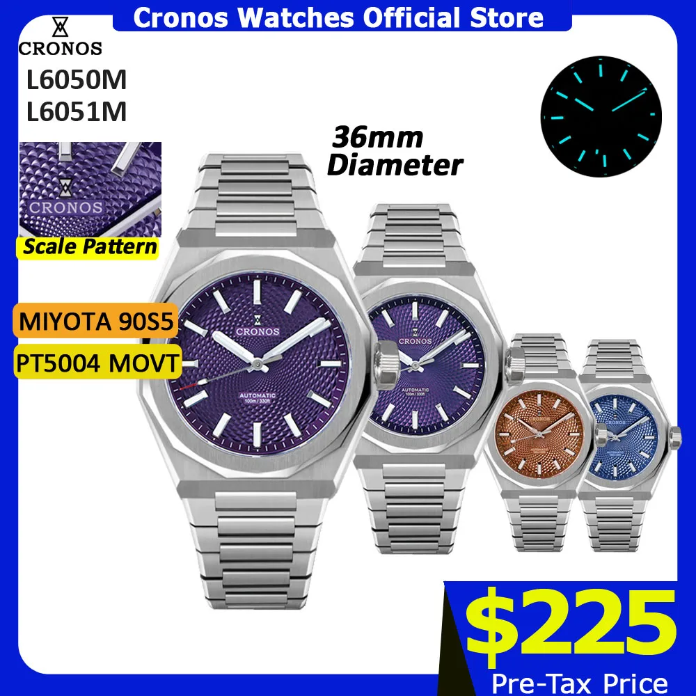 

Роскошные мужские часы Cronos, 36 мм, автоматические наручные часы PT5000, коричневый ромбовидный узор, сапфировое стекло, 10ATM, прозрачная задняя крышка, L6050M L6051M