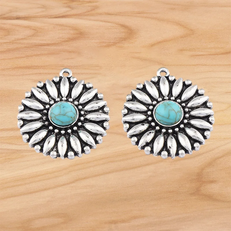 5pcs Tibetan Silver Boho Imitation Turquoises Stone Flower Round Charms Pendants For Necklace Earring Jewelry Making Accessories