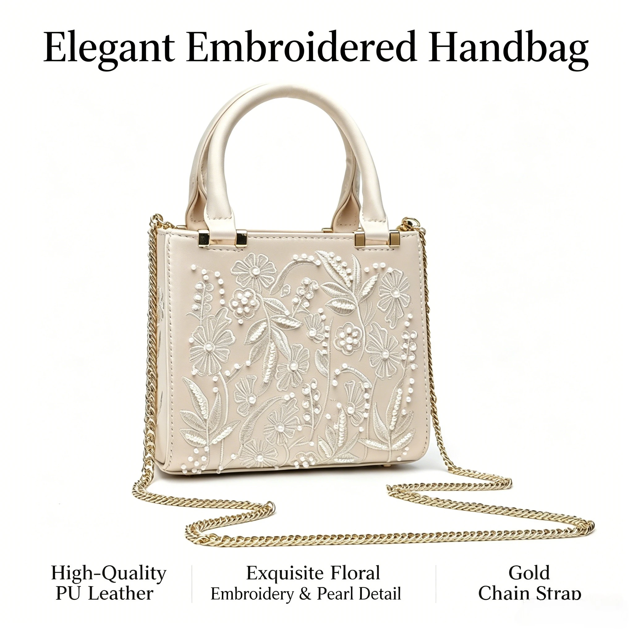 

YUBAI Elegant Floral Embroidered Tote Bag for Women, Beaded PU Leather Chain Shoulder Bag, Ideal for Wedding & Party